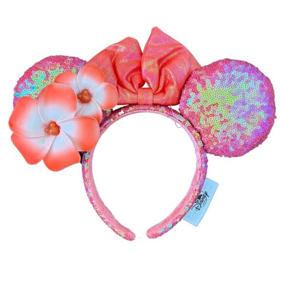 NWT Disney Parks AULANI Minnie Ears Hawaii Pink Sequin Plumeria Headband Merch - Picture 1 of 4